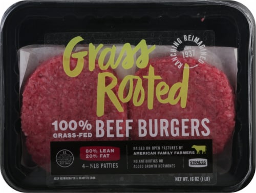 Strauss® American Raised Grass Fed Beef 80% Lean Burgers Perspective: front