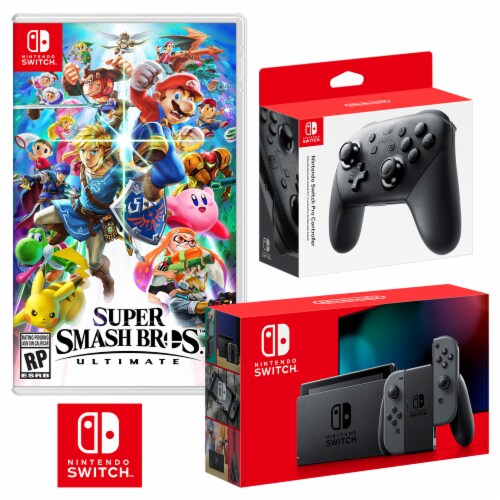 Nintendo Switch in Gray with Super Smash Bros and Accessories Kit 