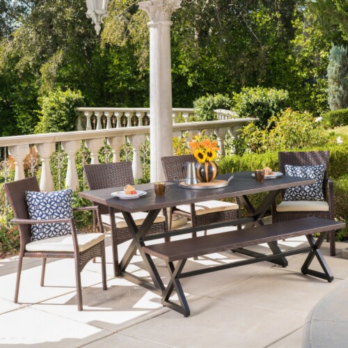 Tripoli Outdoor 6 Piece Aluminum Dining Set with Bench and Wicker