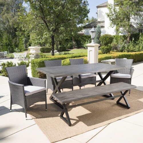 Owenburg Outdoor 6 Piece Aluminum Dining Set with Bench and Wicker