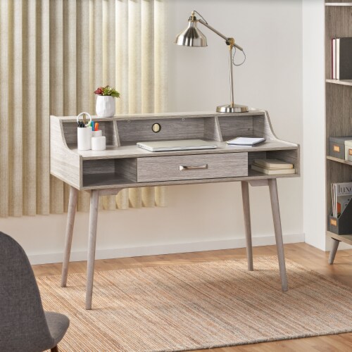 Belinda Mid Century Modern Finished Fiberboard Home Office Desk Gray Oak Perspective: front
