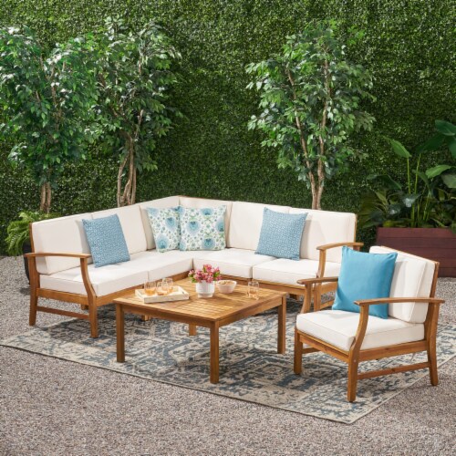 Capri Outdoor 7 Piece Teak Finished Acacia Wood Sofa Set Cream 1