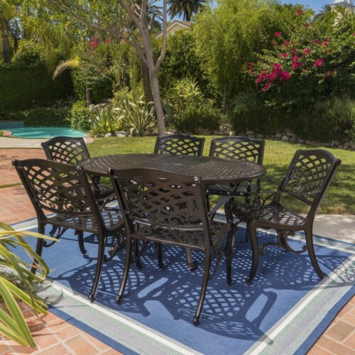Clarisse Outdoor 7 Piece Dining Set with Expandable Aluminum Table Hammered Bronze Perspective: front