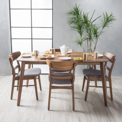 Helen Mid Century Modern 5 Piece Dining Set with 60 Inch Rectangular Table Walnut Dark Gray 5pcs 60 Foods Co
