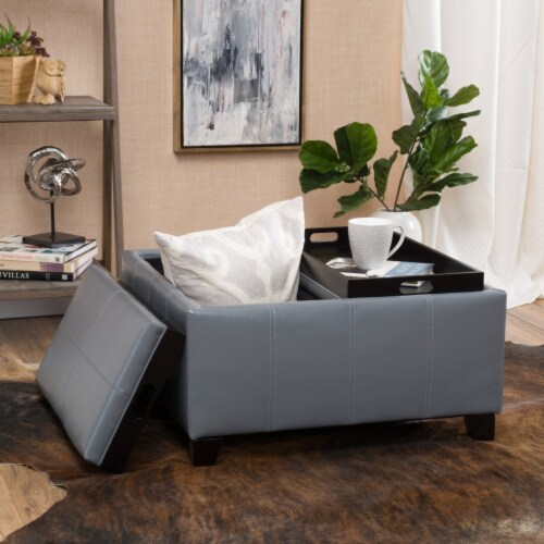 Justin 2 Tray Top Gray Leather Ottoman Coffee Table with Storage 1 unit Fry s Food Stores