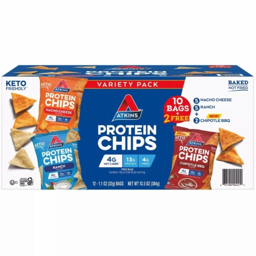 Atkins Keto Friendly Protein Chips Snack, Variety Pack (12 Count) Perspective: front