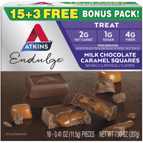 Atkins Endulge Milk Chocolate Carmel Squares Perspective: front