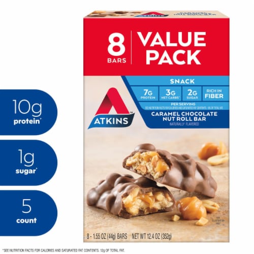 Atkins Caramel Chocolate Nut Roll Protein Bar Perspective: front