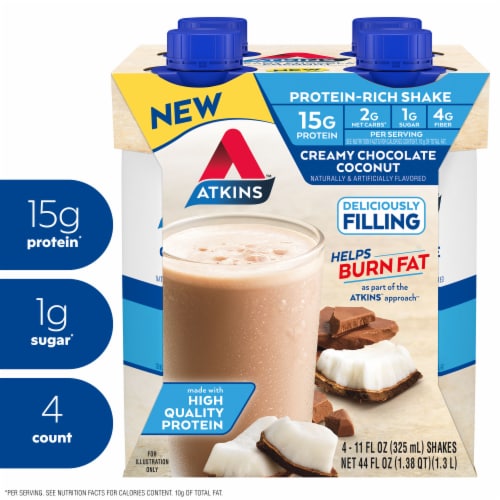 Atkins Creamy Chocolate Coconut Protein-Rich Shake 4 - 11 fl oz Bottles Perspective: front