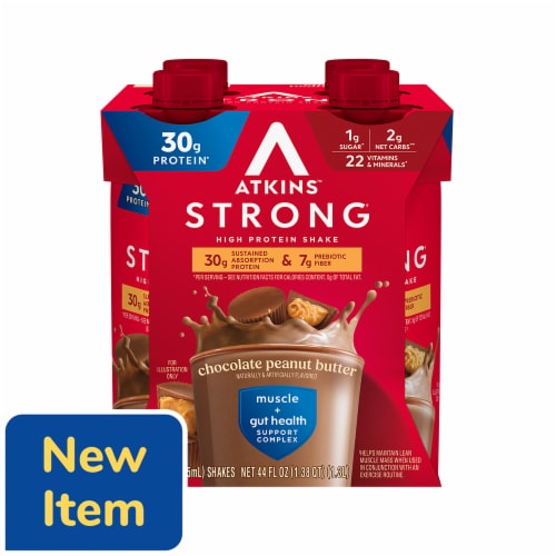 Atkins Strong Muscle + Gut Health Chocolate Peanut Butter High Protein Shake Perspective: front