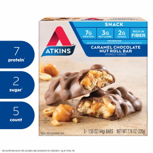 Atkins Caramel Chocolate Nut Roll Snack Protein Bar Perspective: front