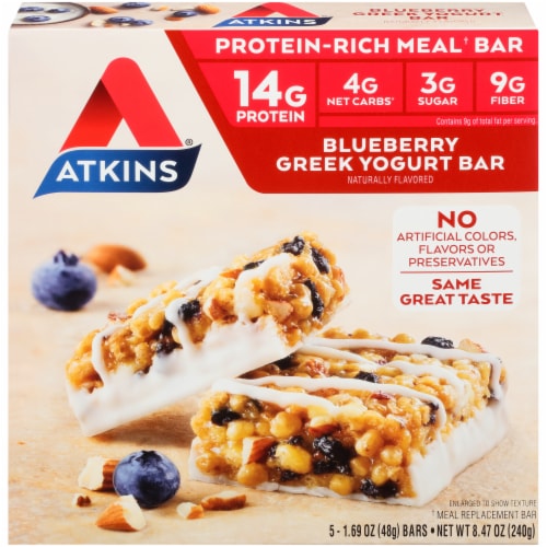 Atkins Protein-Rich Blueberry Greek Yogurt Meal Bars 5 Count Perspective: front