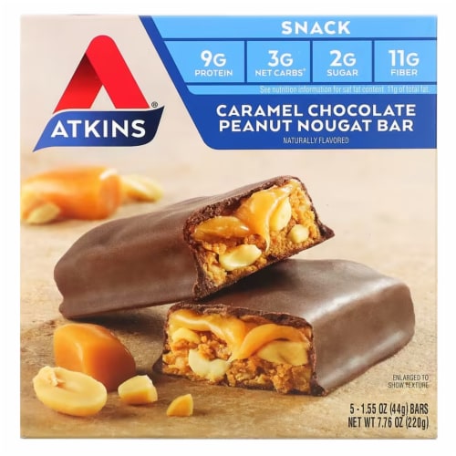 Atkins Caramel Chocolate Peanut Nougat Bars 5 Count Perspective: front