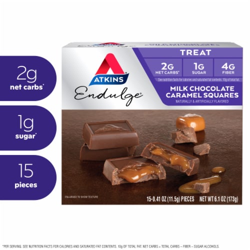 Atkins Endulge Low Sugar Milk Chocolate Caramel Squares Perspective: front