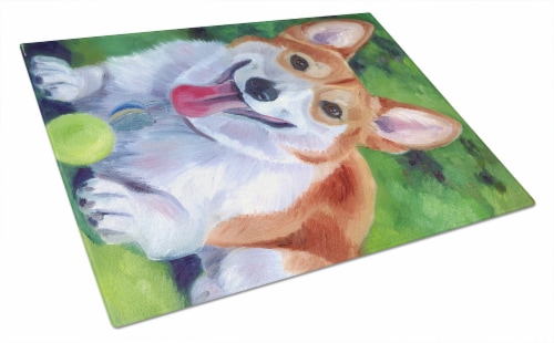 Carolines Treasures 7296LCB Corgi with green ball Glass Cutting Board Large Perspective: front