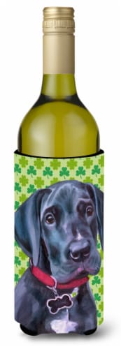 Black Great Dane Puppy St. Patrick's Day Shamrock Wine Bottle Hugger Perspective: front