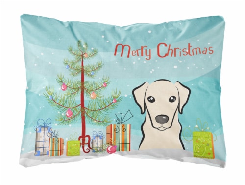 Christmas Tree and Yellow Labrador Canvas Fabric Decorative Pillow Perspective: front