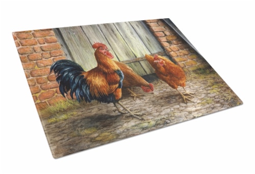 Rooster and Chickens by Daphne Baxter Glass Cutting Board Large Perspective: front
