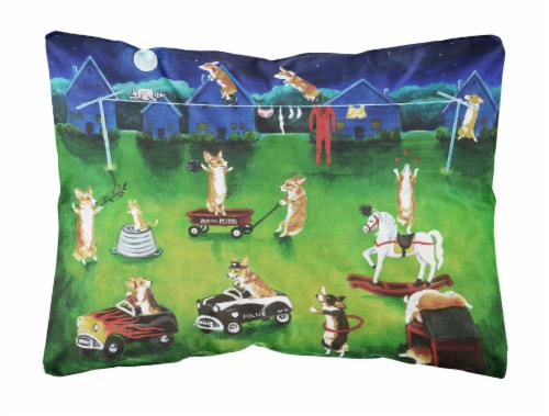 Carolines Treasures 7403PW1216 Corgi Backyard Circus Canvas Fabric Decorative P Perspective: front