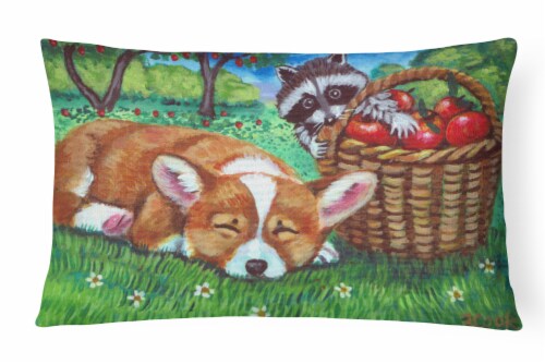 Corgi with the Racoon Apple Thief Canvas Fabric Decorative Pillow Perspective: front