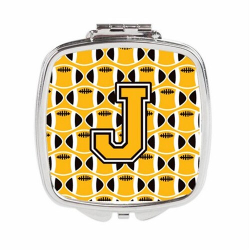Carolines Treasures CJ1080-JSCM Letter J Football Black, Old Gold & White Compact Mirror Perspective: front
