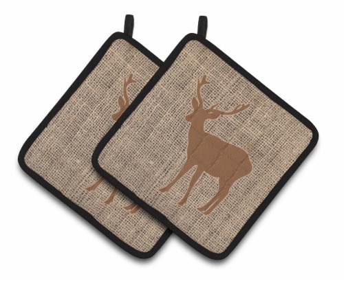 Carolines Treasures  BB1012-BL-BN-PTHD Deer Burlap and Brown Pair of Pot Holders Perspective: front