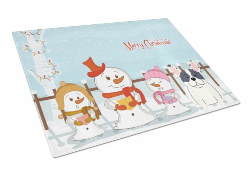 Merry Christmas Carolers French Bulldog Piebald Glass Cutting Board Large Perspective: front