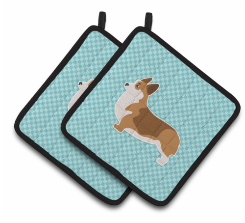Carolines Treasures BB3720PTHD Corgi Checkerboard Blue Pair of Pot Holders Perspective: front