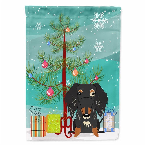 Merry Christmas Tree Wire Haired Dachshund Dapple Flag Canvas House Size Perspective: front