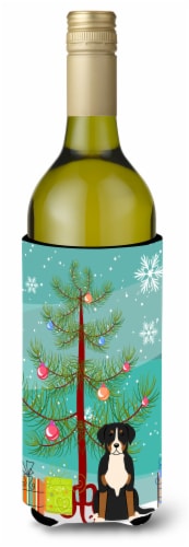 Merry Christmas Tree Greater Swiss Mountain Dog Wine Bottle Hugger Perspective: front