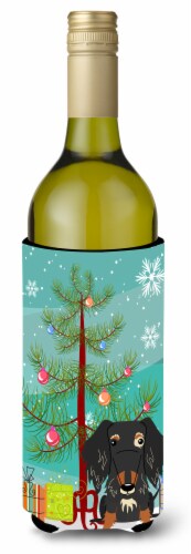 Merry Christmas Tree Wire Haired Dachshund Dapple Wine Bottle Hugger Perspective: front