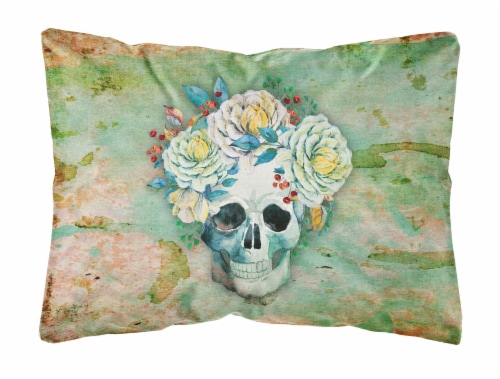 Day of the Dead Skull with Flowers Canvas Fabric Decorative Pillow Perspective: front