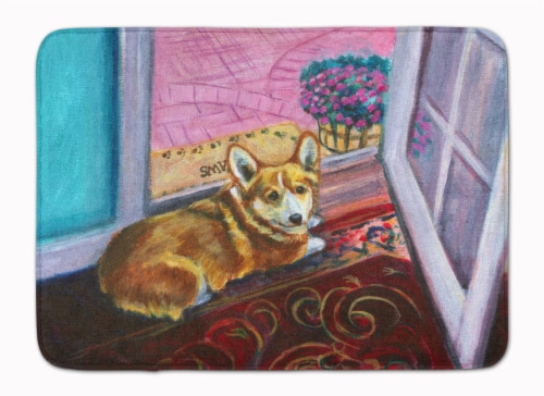Corgi Watching from the Door Machine Washable Memory Foam Mat Perspective: front