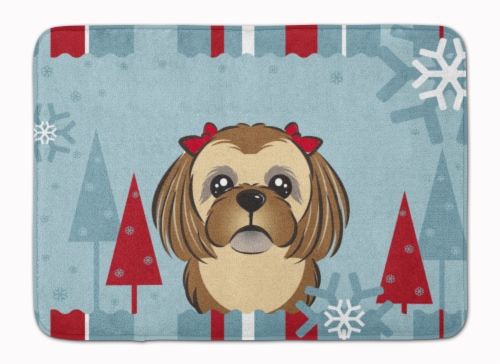 Winter Holiday Chocolate Brown Shih Tzu Machine Washable Memory Foam Mat Perspective: front