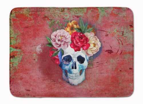 Day of the Dead Red Flowers Skull  Machine Washable Memory Foam Mat Perspective: front