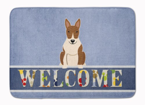 Bull Terrier Brindle Welcome Machine Washable Memory Foam Mat Perspective: front