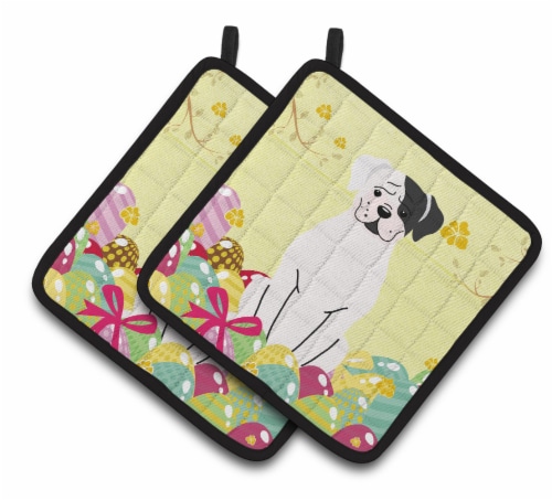 Carolines Treasures BB6114PTHD Easter Eggs White Boxer Cooper Pair of Pot Holde Perspective: front