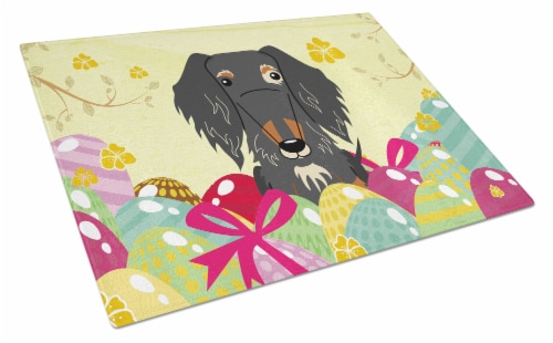 Easter Eggs Wire Haired Dachshund Dapple Glass Cutting Board Large Perspective: front