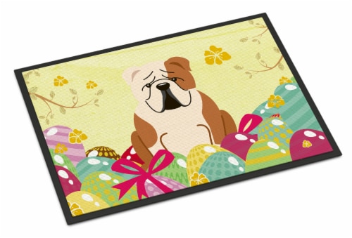 Easter Eggs English Bulldog Fawn White Indoor or Outdoor Mat 18x27 Perspective: front