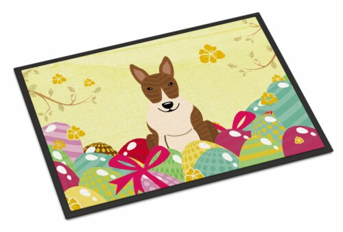Carolines Treasures BB6137MAT Easter Eggs Bull Terrier Brindle Doormat 18x27 Perspective: front