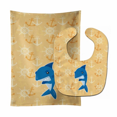 Carolines Treasures BB6946STBU Shark on Beige Nautical Baby Bib & Burp Cloth Perspective: front
