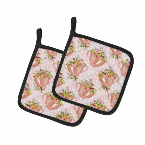 Carolines Treasures BB7481PTHD Tea Cup and Flowers Pink Pair of Pot Holders Perspective: front