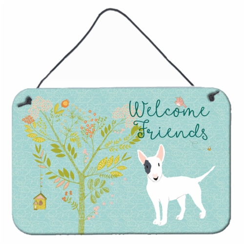 Welcome Friends White Patched Bull Terrier Wall or Door Hanging Prints Perspective: front