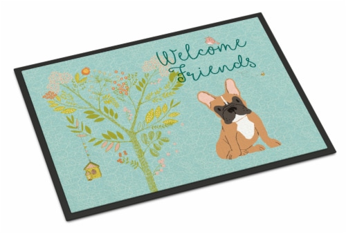 Carolines Treasures BB7633MAT Welcome Friends Fawn French Bulldog Doormat 18x27 Perspective: front
