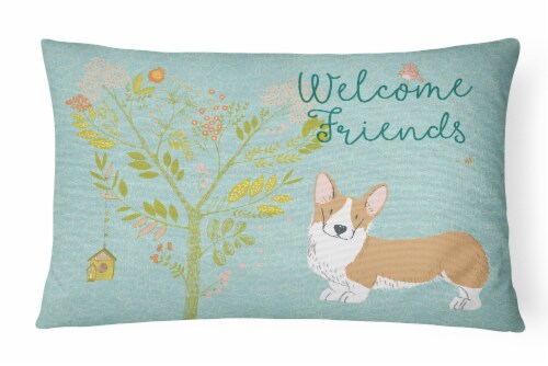Welcome Friends Pembroke Welsh Corgi Red Canvas Fabric Decorative Pillow Perspective: front