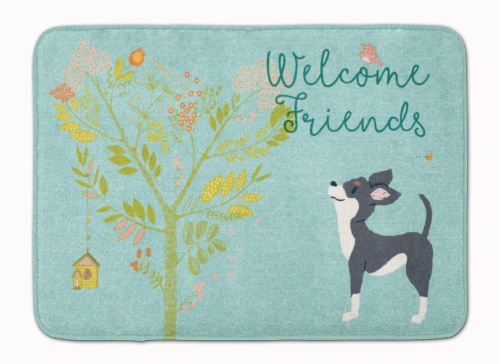 Welcome Friends Black White Chihuahua Machine Washable Memory Foam Mat Perspective: front