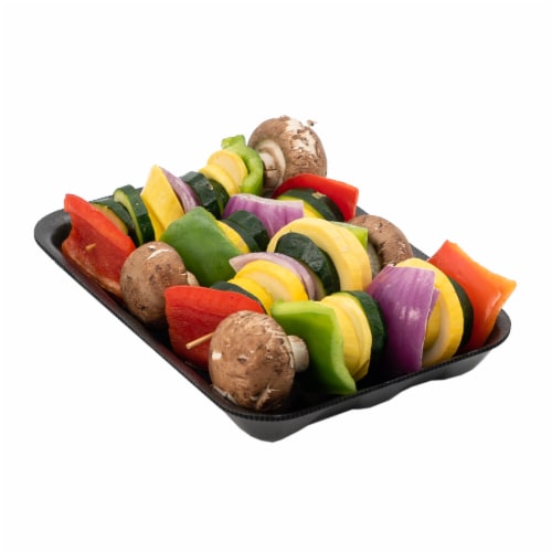 Fresh Cut Vegetable Kabobs with Mushrooms Peppers Zucchini and More Perspective: front