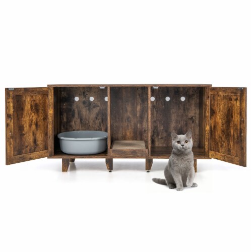 Slickblue 2-Door Cat Litter Box Enclosure with Winding Entry and Scratching Board Perspective: front