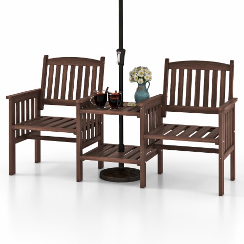 Slickblue Outdoor Fir Wood Loveseat with 2-Tier Side Table and 1.96 Umbrella Hole Perspective: front
