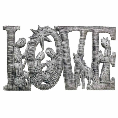 Croix Des Bouquets HMDH184 9 in. x 14 in. Love Metal Art with Nativity Scene Handmade & Fair Perspective: front